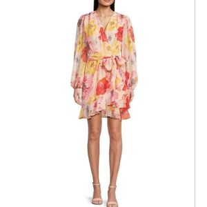 Alex Marie Laurel Floral Print Crinkle Chiffon Long Sleeve Surplice V-Neck Dress